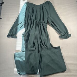 Honeyme Women’s Medium Green Wide Leg Jumpsuit Long Sleeve Elastic Waist Boho